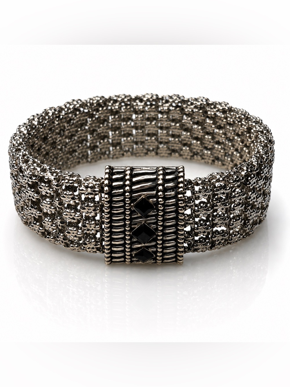 Chunky Silver-Tone Chain Mesh Bracelet with Black Stones & Gold Accents 8.5”